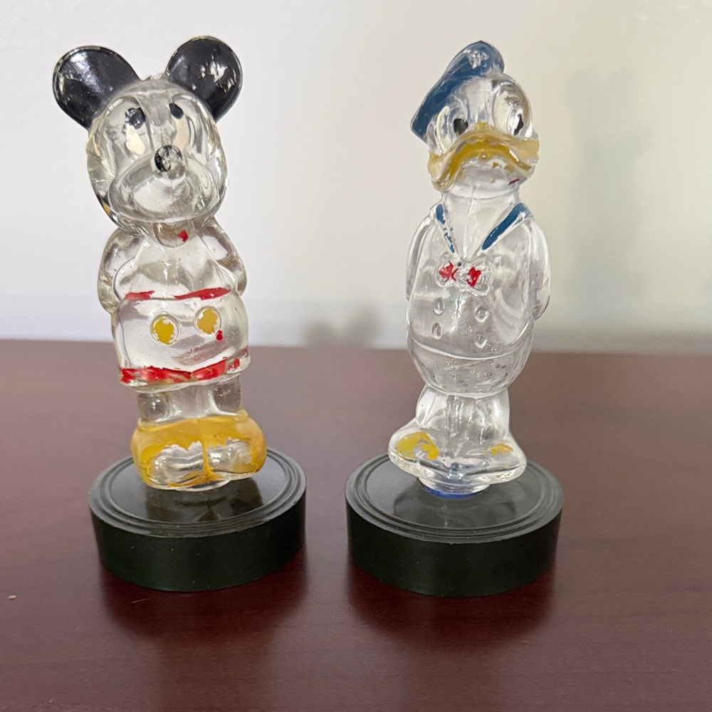 1950s Disney Mickey Mouse & Donald Duck Clear Glass Figurines Perfume Topper